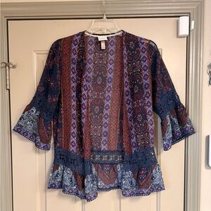 Knox Rose Navy and Burgundy Printed Semi-Sheer Lightweight Open Front Kimono